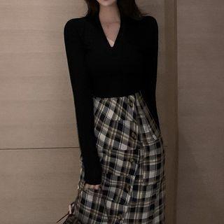 V-neck T-shirt / Plaid High-waist Midi Skirt