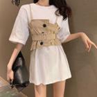 Set: Short-sleeve Plain T-shirt + Belt-accent Camisole