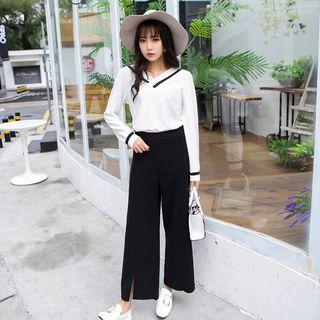 Set: V-neck Knit Top + Wide Leg Pants