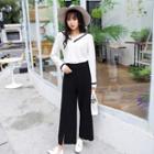 Set: V-neck Knit Top + Wide Leg Pants