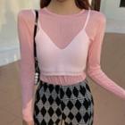 Long-sleeve Plain T-shirt / Cropped Camisole Top / Argyle Boot-cut Pants