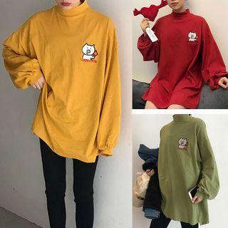 Mock-neck Pig Embroidered Long-sleeve T-shirt