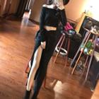 Set: Long-sleeve Off-shoulder Crop Top + Side-slit Maxi Skirt