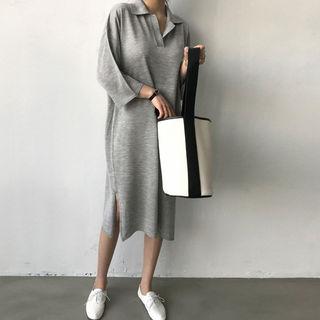 3/4-sleeve Knit Midi Polo Shirtdress