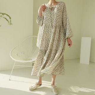 Tie-neck Long Floral Dress Light Beige - One Size