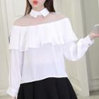 Mesh Panel Frilled Long-sleeve Top