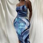 Spaghetti Strap Printed Open-back Midi Bodycon Dress