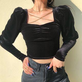 Long-sleeve Velvet Chain-accent Crop Top