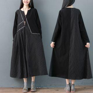 Panel Long-sleeve Midi A-line Dress