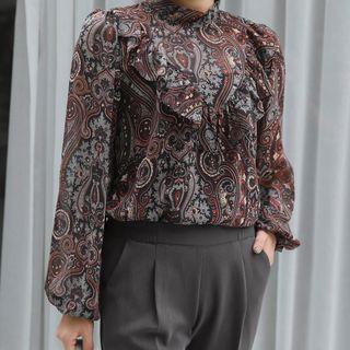 Mock-neck Pattern Top Black - One Size