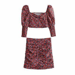 Lantern-sleeve Flower Print Blouse / Mini Pencil Skirt