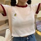 Contrast Trim Embroidered Short-sleeve Knit Cropped Top