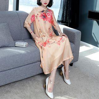 Floral Elbow-sleeve Midi A-line Dress