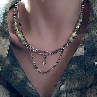 Layered Beaded Chain Necklace Silver & Green - One Size