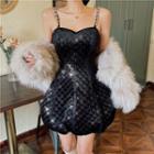 Faux Pearl Strap Quilted A-line Dress