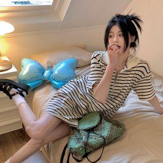 Short-sleeve Striped Polo Dress Stripes - White - One Size