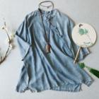 Elbow-sleeve Frog-button Denim Blouse