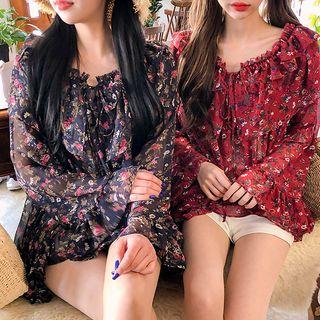 Beribboned Frill-trim Flared Floral Blouse