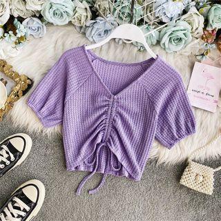 Drawstring V-neck Cropped Knit Top