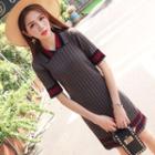 Contrast-trim Collared Short-sleeve Mini Knit Dress