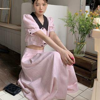 Two Tone Cropped Blouse / High-waist Plain Pleated A-line Skirt
