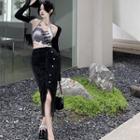 Tie-dye Cropped Tube Top / Plain Cardigan / High-waist Plain Split Skirt