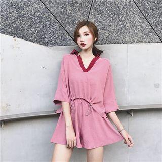 Set: 3/4-sleeve V-neck Crop T-shirt + Shorts Set - Pink - One Size
