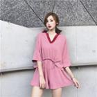 Set: 3/4-sleeve V-neck Crop T-shirt + Shorts Set - Pink - One Size