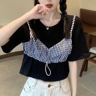 Inset Camisole Drawstring Short-sleeve Crop Top