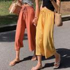 High-waist Plain Drawstring Chiffon Capri Wide-leg Pants