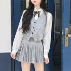 Buttoned Vest / Shirt / Pleated Skort / Set