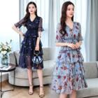 Elbow-sleeve Patterned A-line Tiered Dress (various Designs)