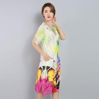 Butterfly Print Elbow Sleeve Dress
