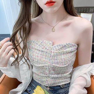 Tweed Asymmetrical Shirred Tube Top