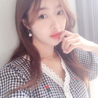 Lace-trim Flower-embroidered Gingham Blouse