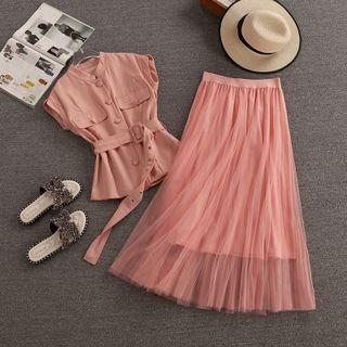 Set: Sleeveless Belted Shirt + Midi A-line Mesh Skirt