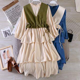 Set: Long-sleeve Midi Layered Dress + Knit Vest