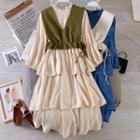 Set: Long-sleeve Midi Layered Dress + Knit Vest