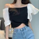 Asymmetric Cold-shoulder Paneled Cropped Blouse As Shown In Figure - One Size