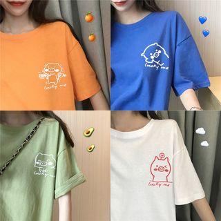 Elbow-sleeve Printed Cartoon Pig T-shirt