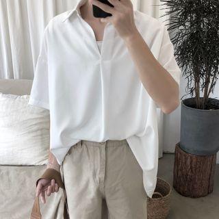 Half-placket Elbow-sleeve Plain Shirt