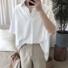 Half-placket Elbow-sleeve Plain Shirt