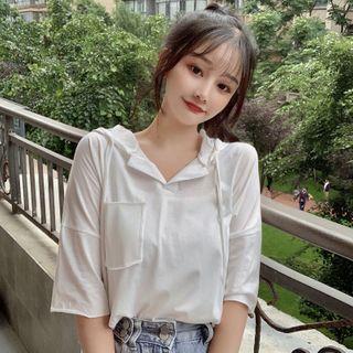 Front Pocket Short-sleeve Plain Hoodie
