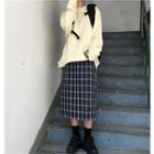 Long-sleeve Plain Sweatshirt / Plaid Midi Skirt
