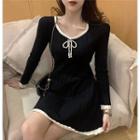 Long-sleeve Ribbon A-line Dress Black - One Size