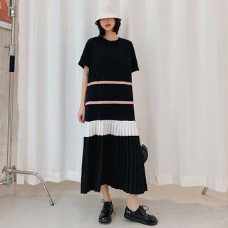 Color Block Pleated Midi A-line Dress
