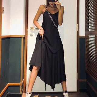 Sleeveless Plain V-neck High-waist Open Back Loose-fit Midi Dress