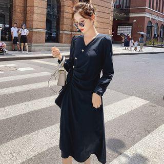 Rhinestone Button V-neck Puff Sleeve Ruffled A-line Dress