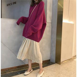Long-sleeve Loose-fit Knit Sweater / High-waist A-line Midi Skirt
