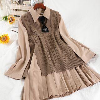 Set: Long-sleeve Shirtdress + Chunky Knit Sweater Vest